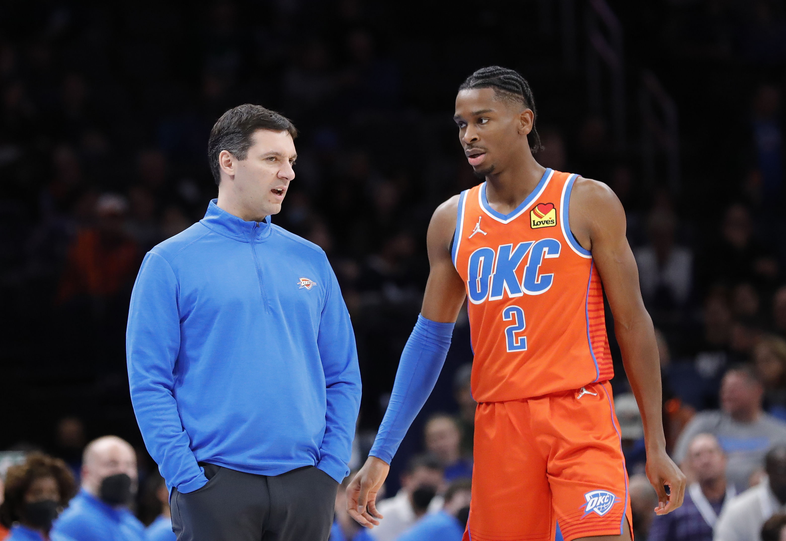 Oklahoma City Thunder guard Shai Gilgeous-Alexander (2) and head coach Mark Daigneault - Source: Imagn